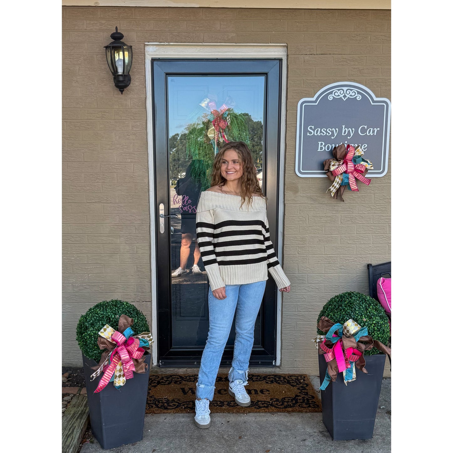 Raelyn Stripe OTS Sweater, Ivory/Black