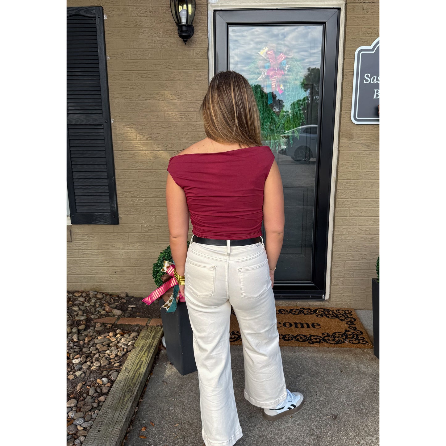 Asymmetrical Neckline Top, Burgundy