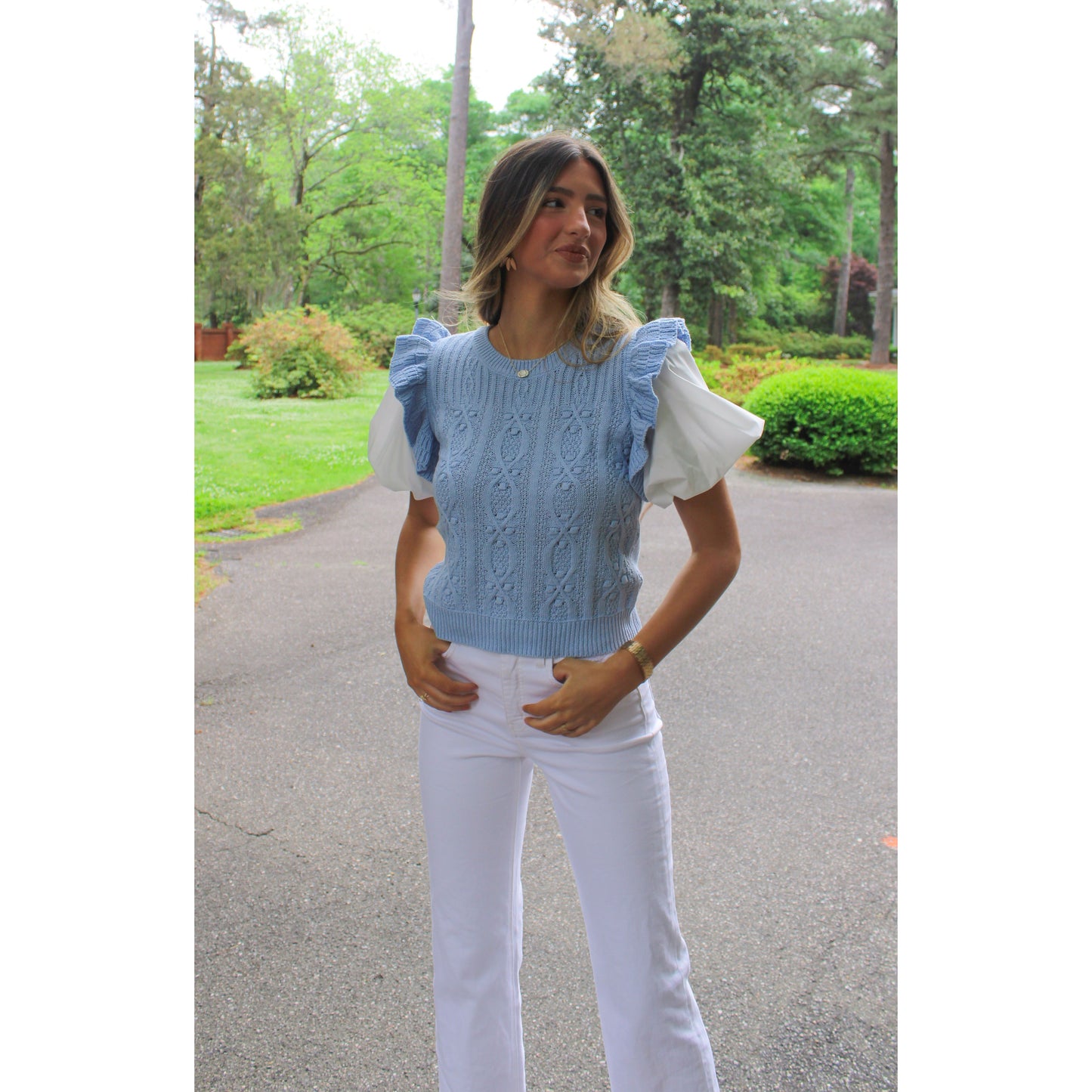 Abigail Puff Sleeve Top, White/Baby Blue