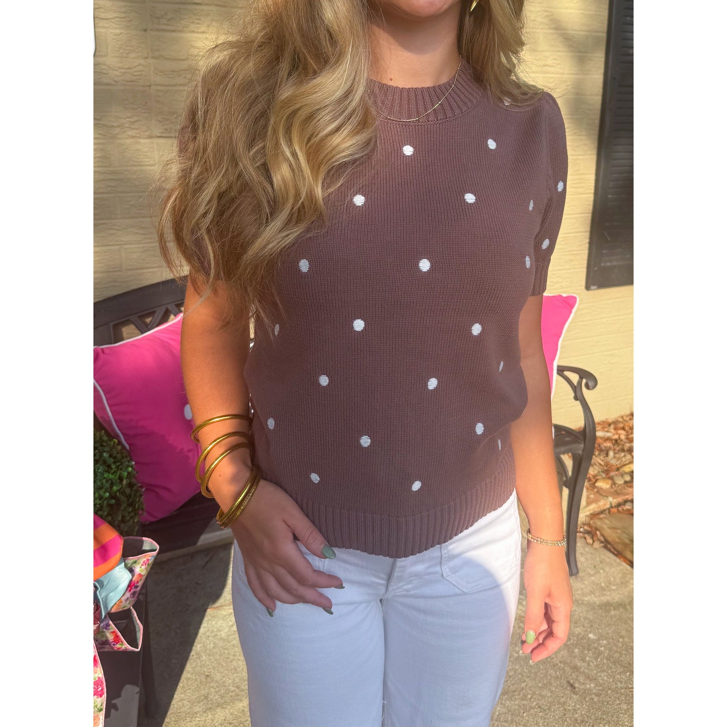 Sara Polka Dot Blouse, Brown/White