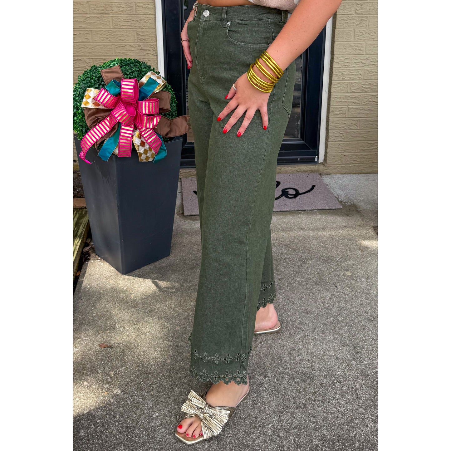 Eyelet Lace Denim Jeans, Olive Green