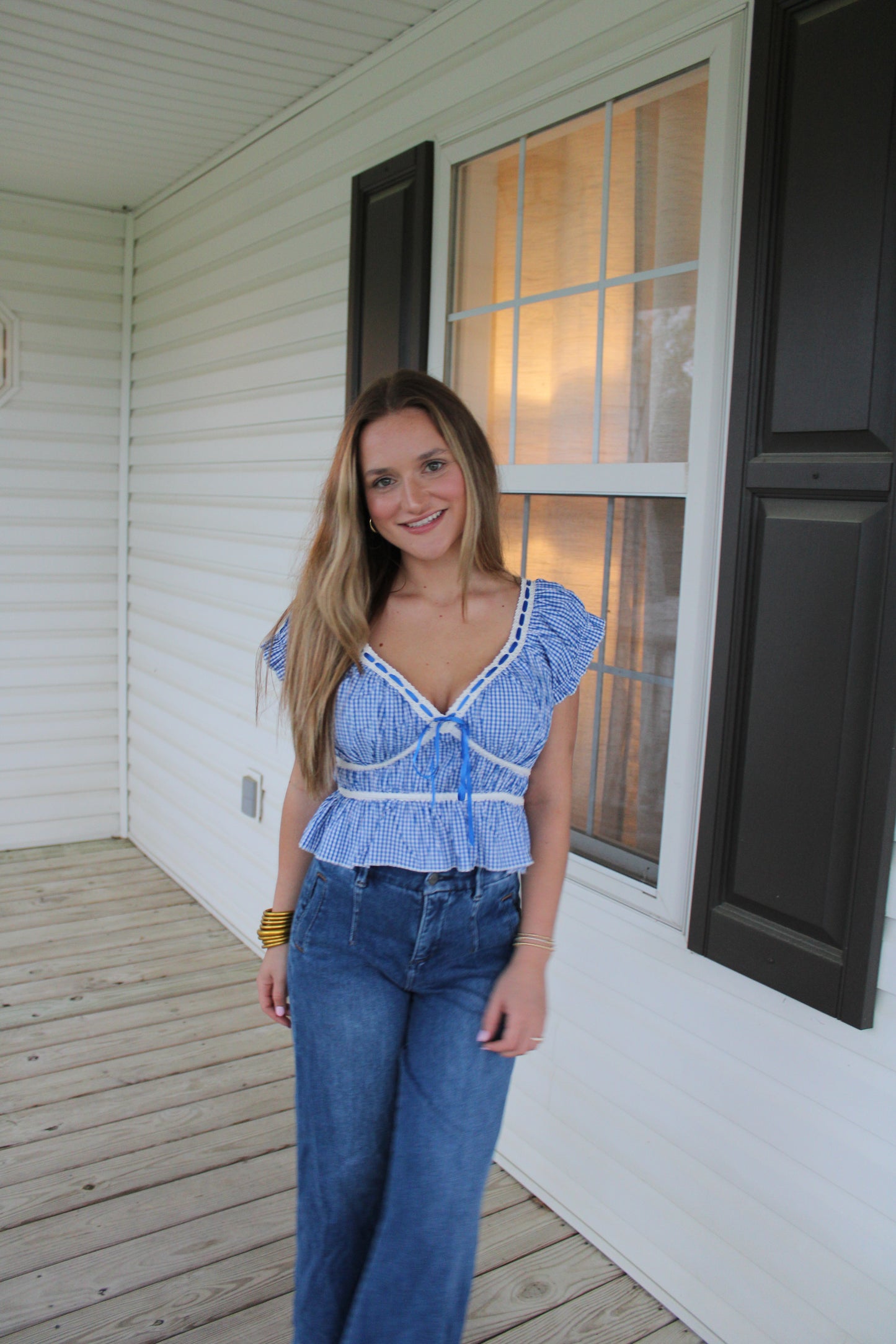 Hattie Gingham Top, Royal Blue/White