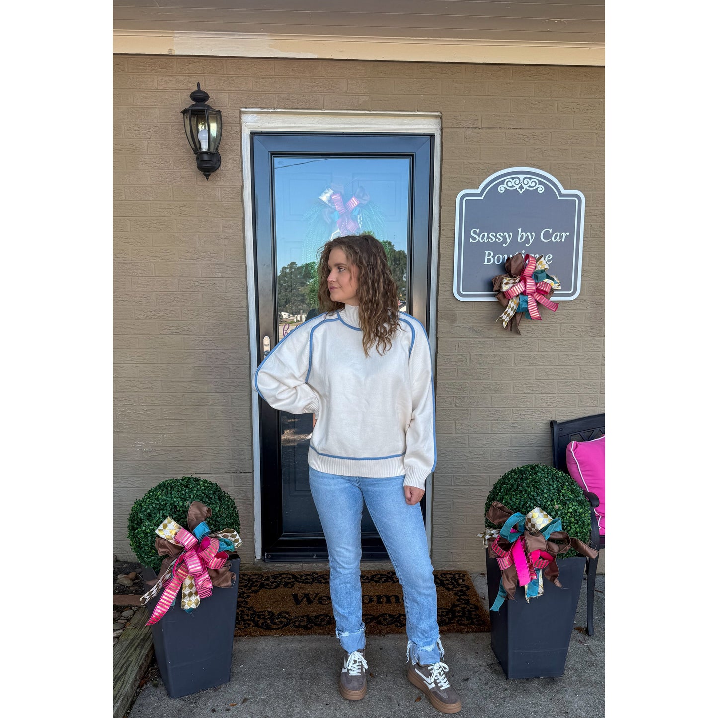 Peyton Sweater, Cream/Baby Blue
