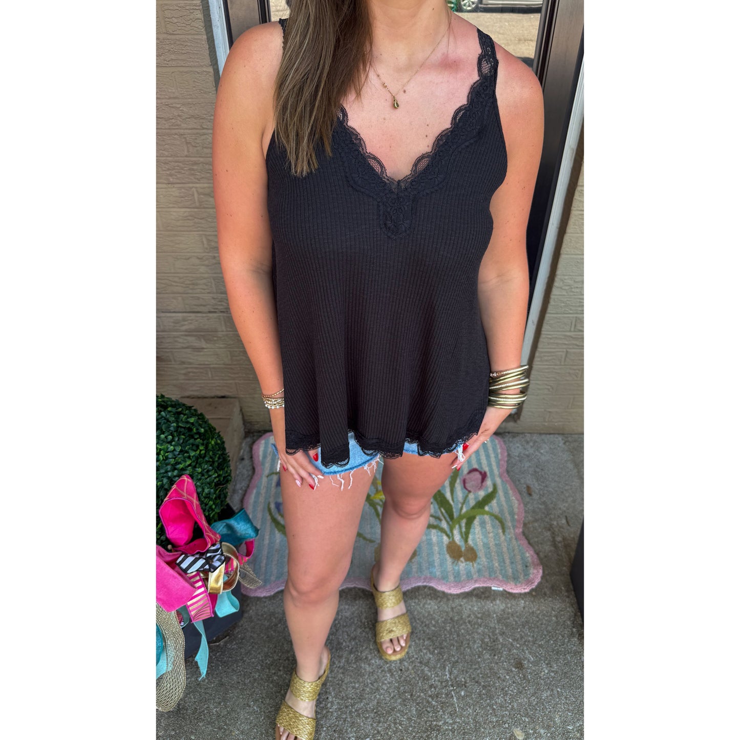 Lace/Ribbed Flowy Tank, Black