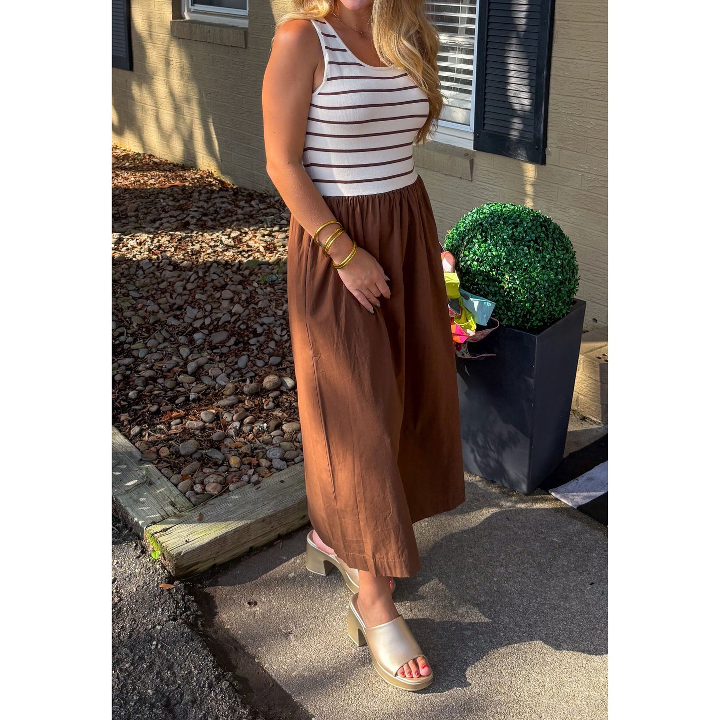 Brielle Detail Midi Dress, Brown/Ivory