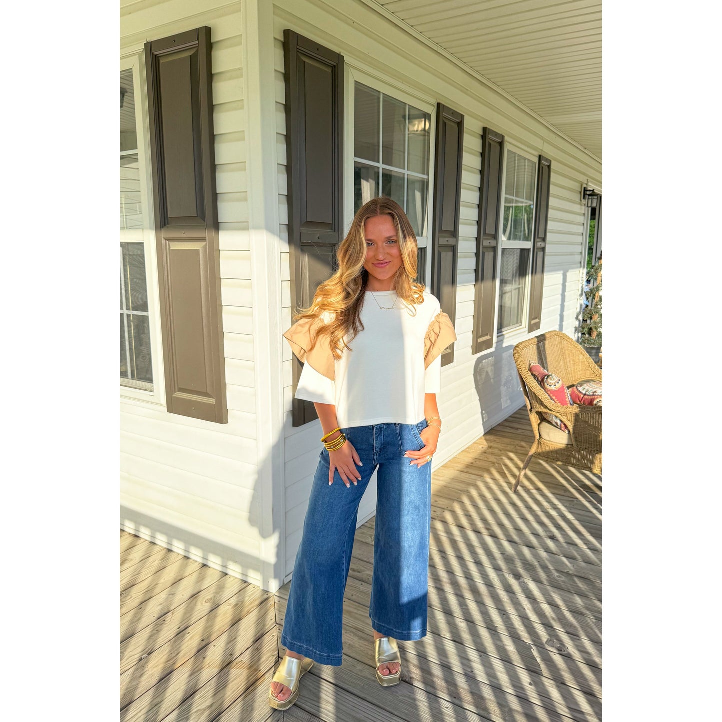 Lilly Top w/ Taupe Sleeves, Off White/Taupe
