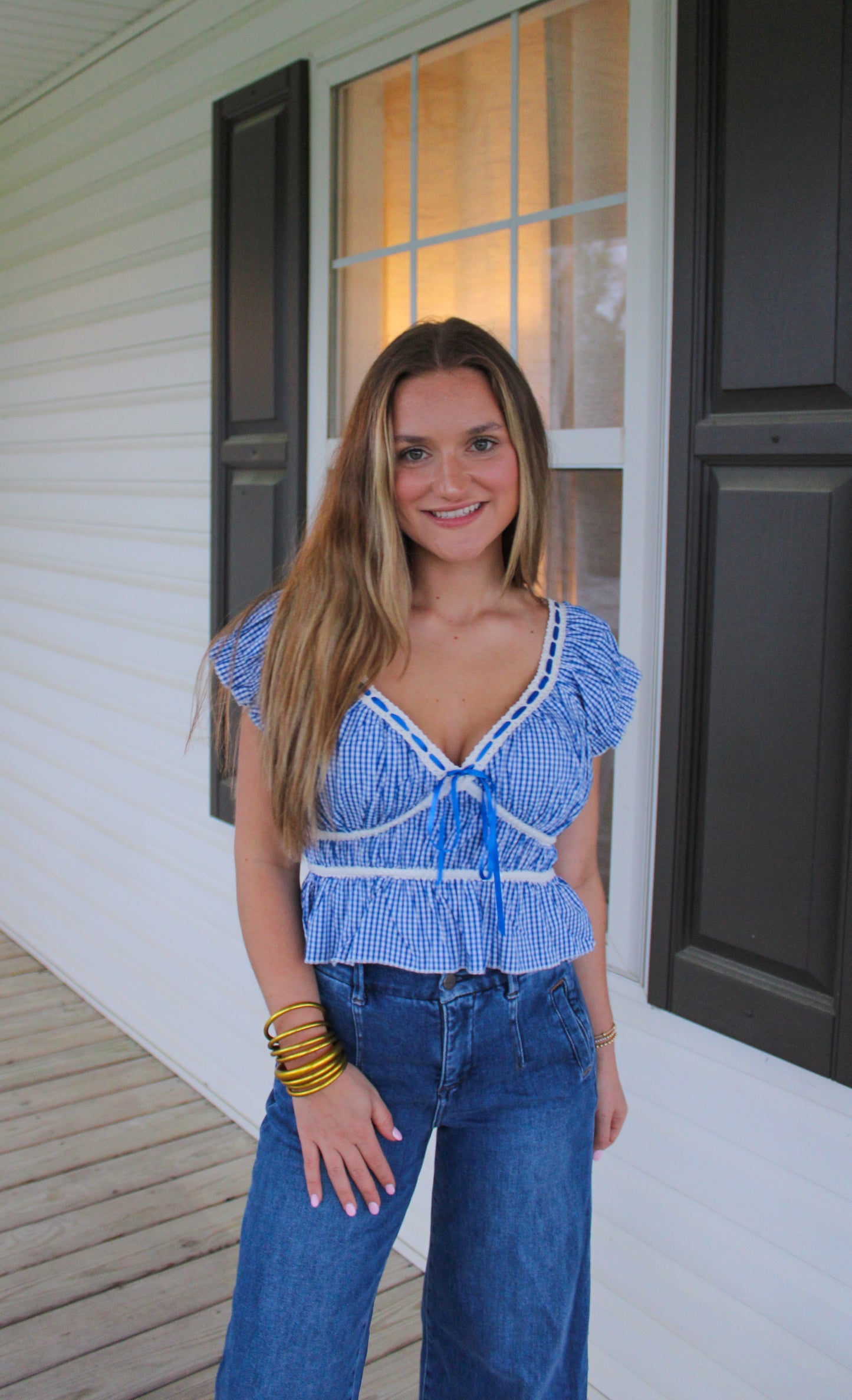 Hattie Gingham Top, Royal Blue/White