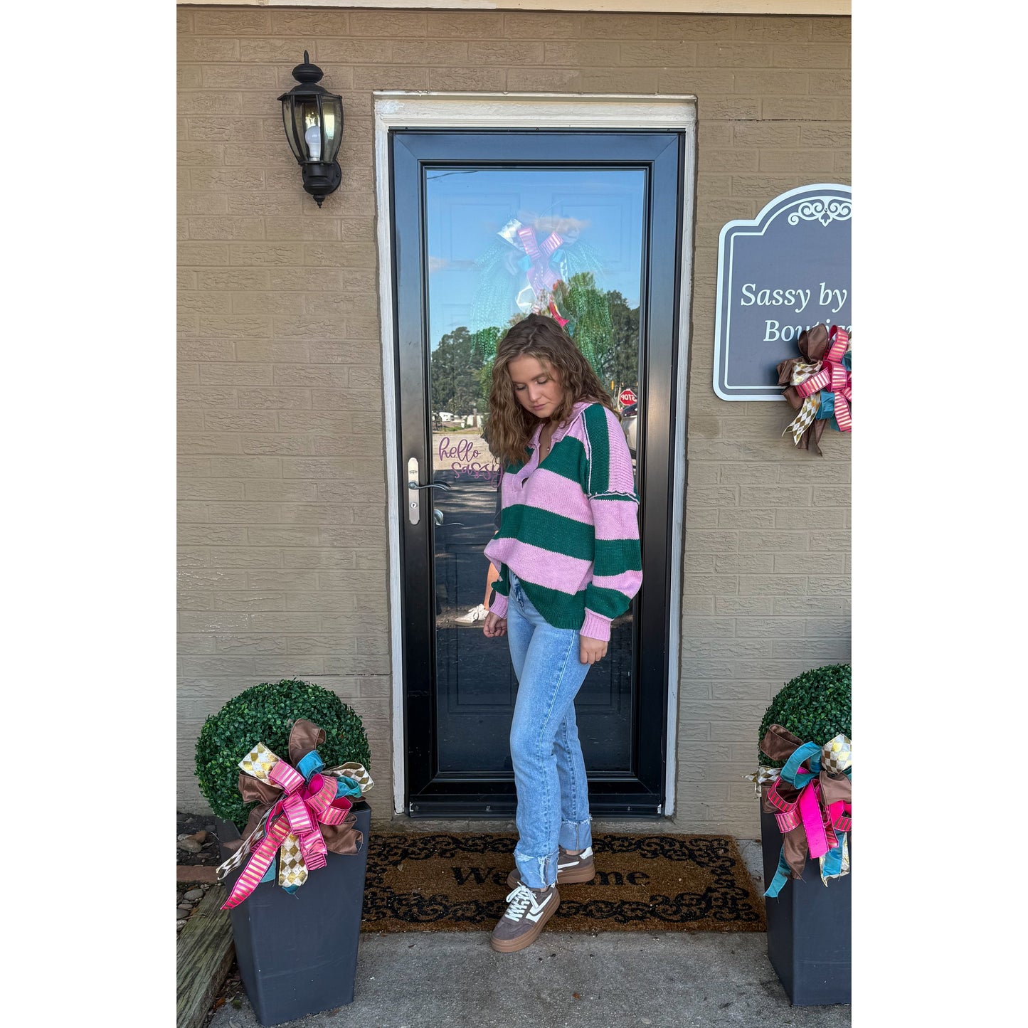 Hunter Stripe Sweater, Pink/Kelly Green