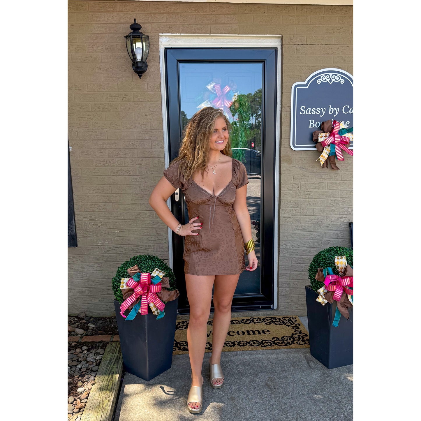 Anna Satin Cheetah Mini Dress, Mocha