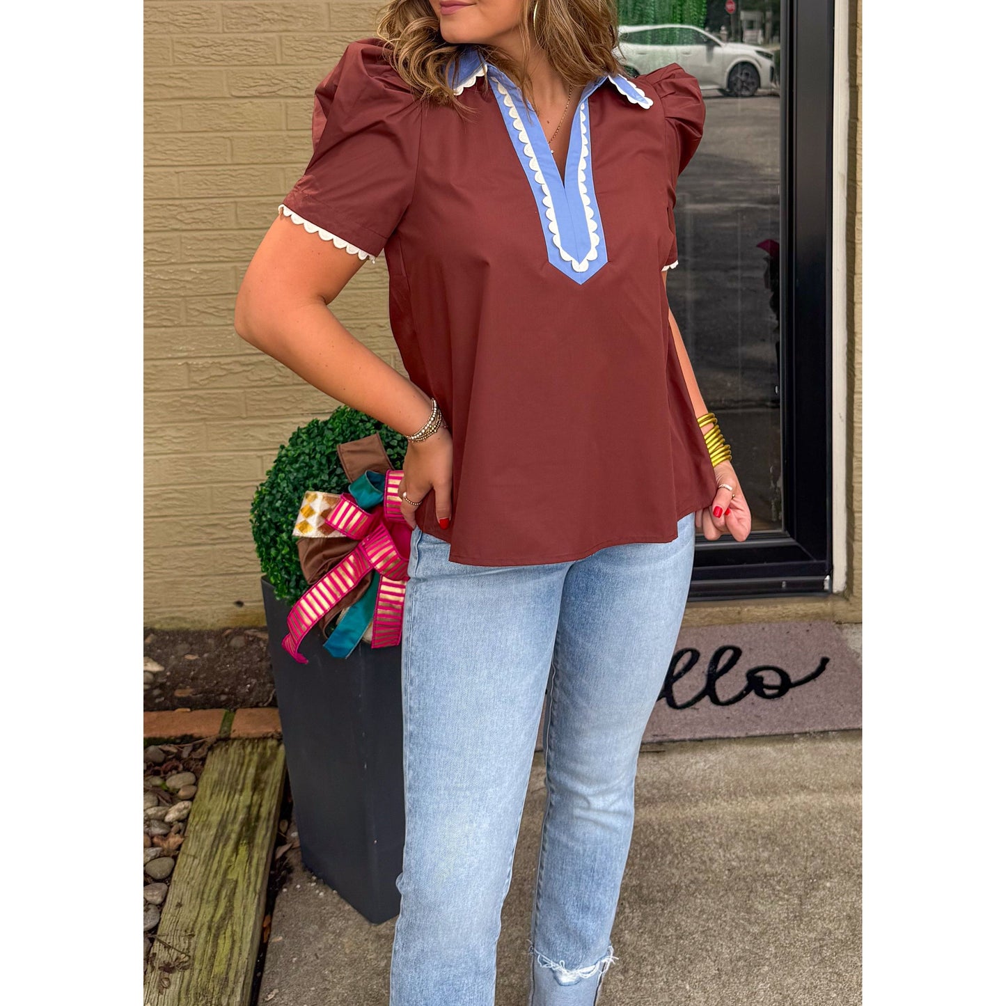 Elena Blouse, Chocolate/Light Blue