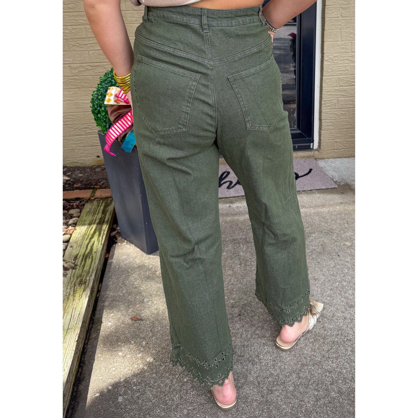 Eyelet Lace Denim Jeans, Olive Green