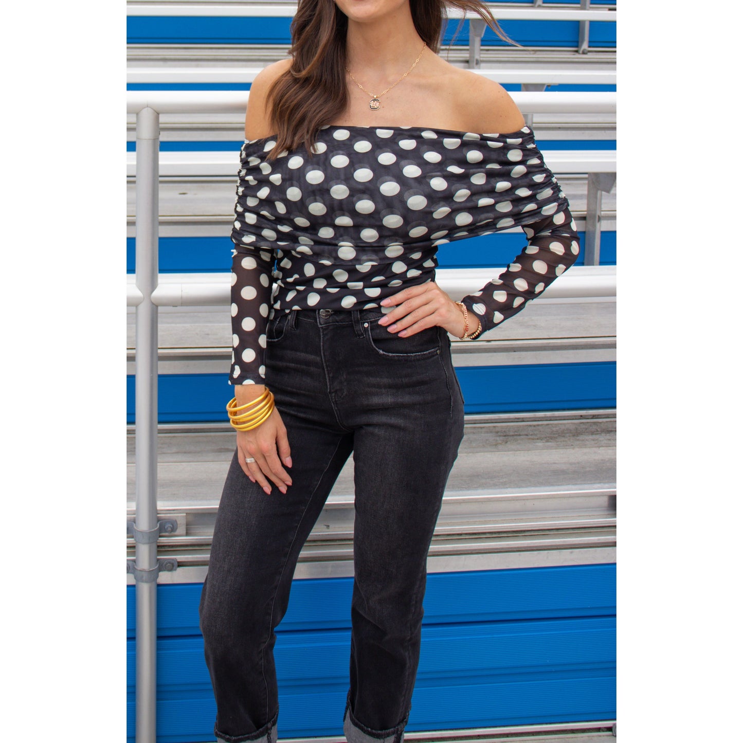 Polka Dot OTS Top, Black/Cream