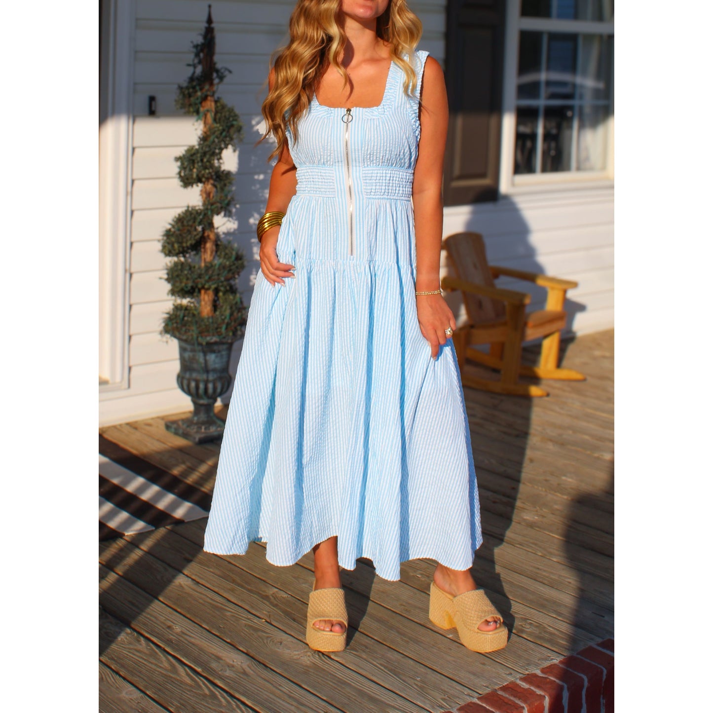 Kinley Gingham Maxi Dress, Aqua/White