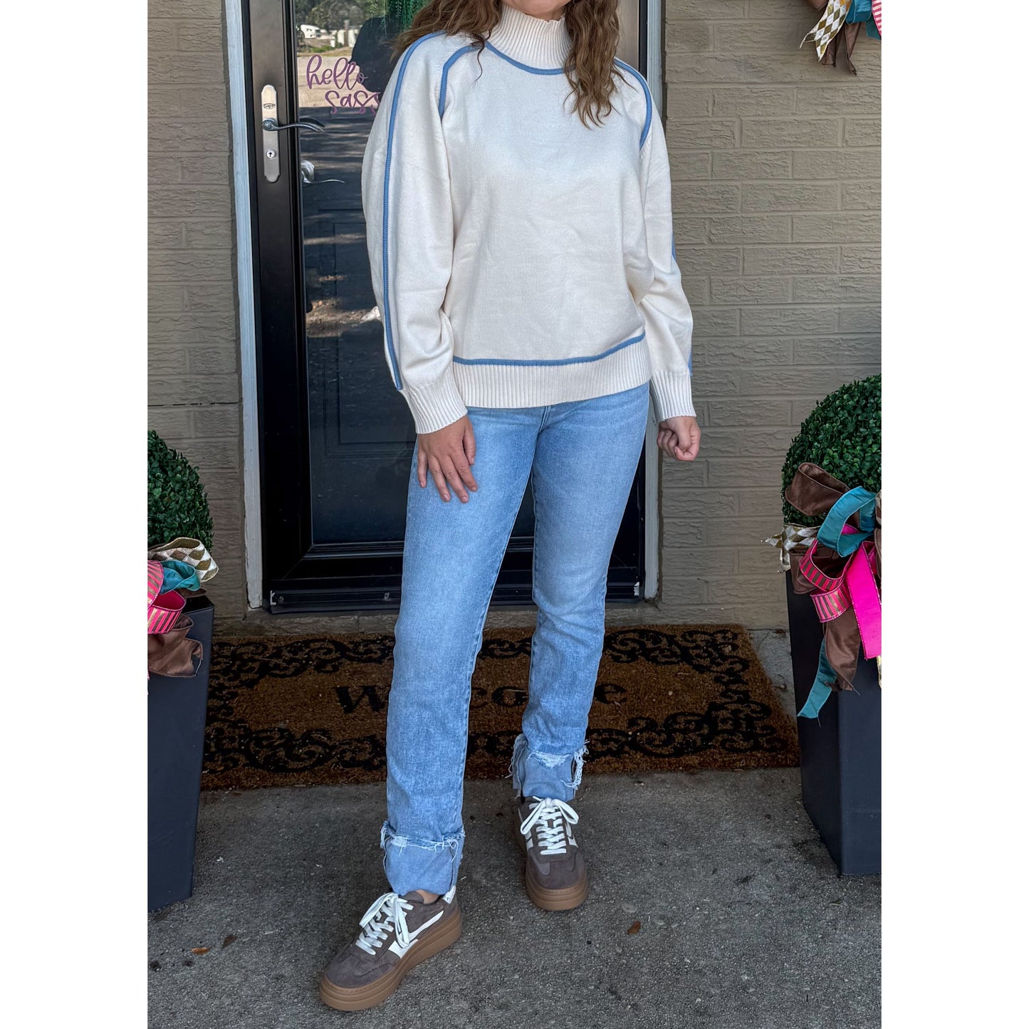 Peyton Sweater, Cream/Baby Blue