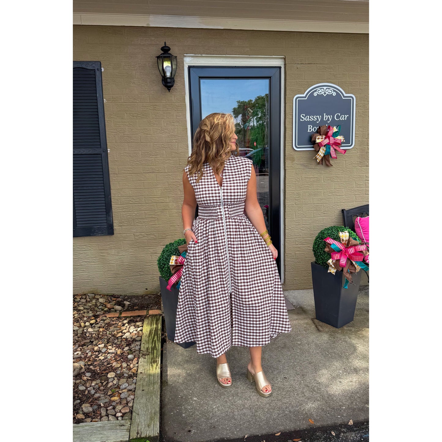 Gingham Detail Midi Dress, Chocolate/White