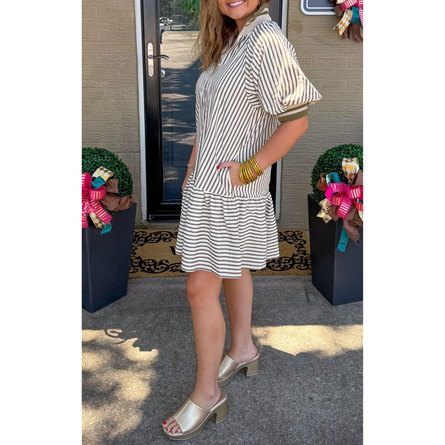 Haley Stripe Mini Dress, Cream/Olive
