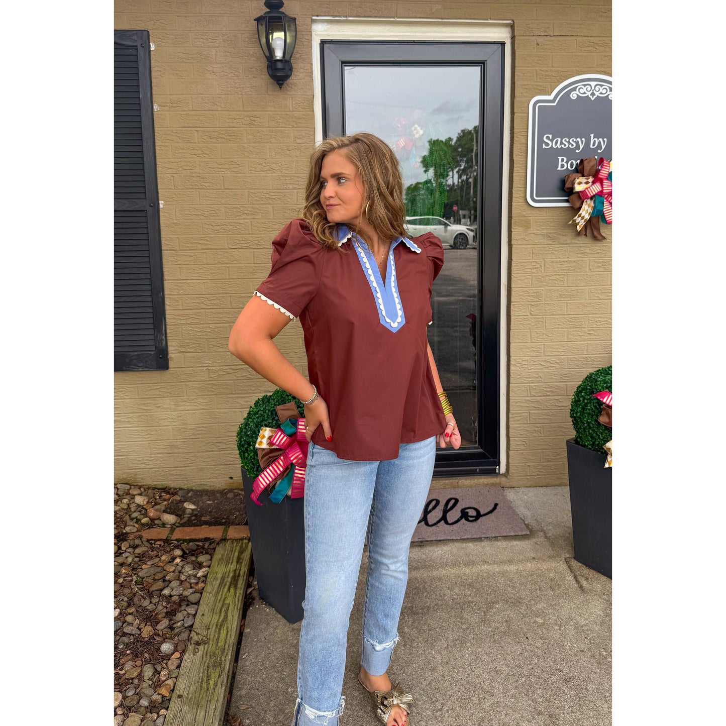 Elena Blouse, Chocolate/Light Blue
