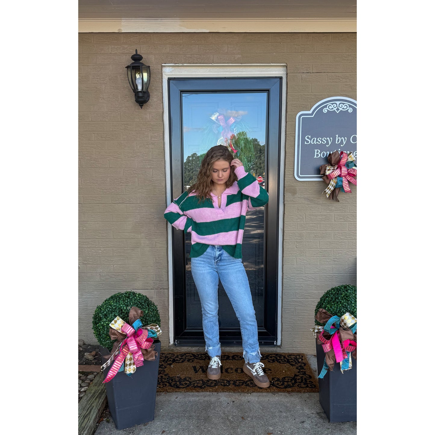 Hunter Stripe Sweater, Pink/Kelly Green
