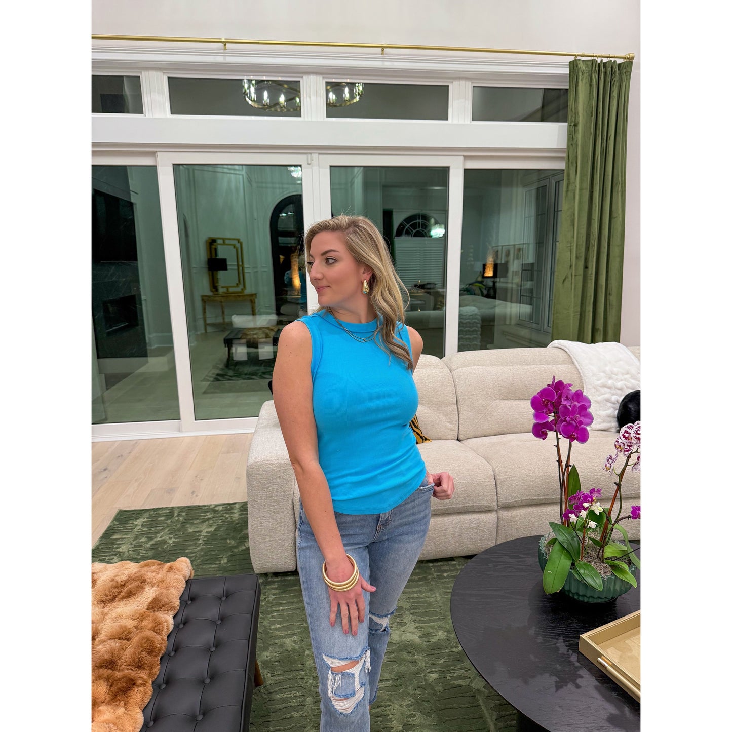 Grace Sleeveless Top, Aqua Blue