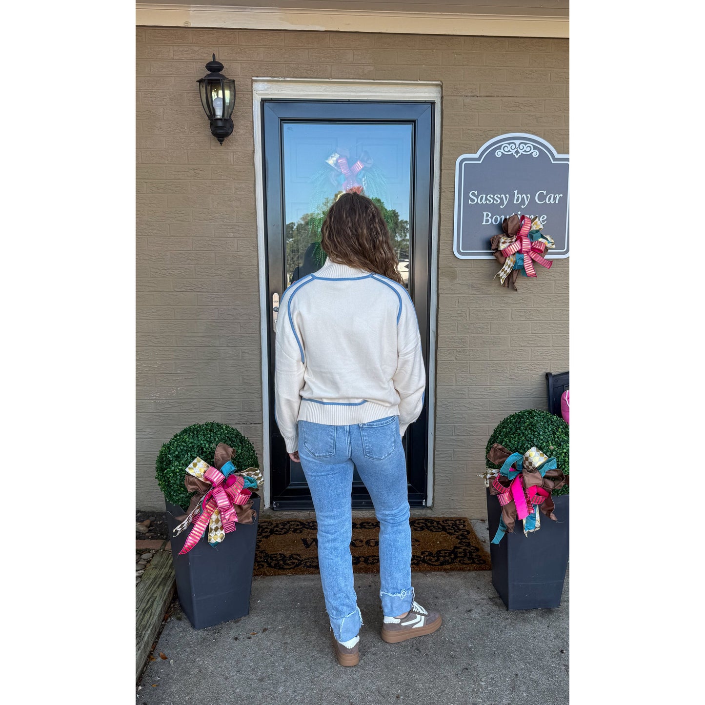 Peyton Sweater, Cream/Baby Blue