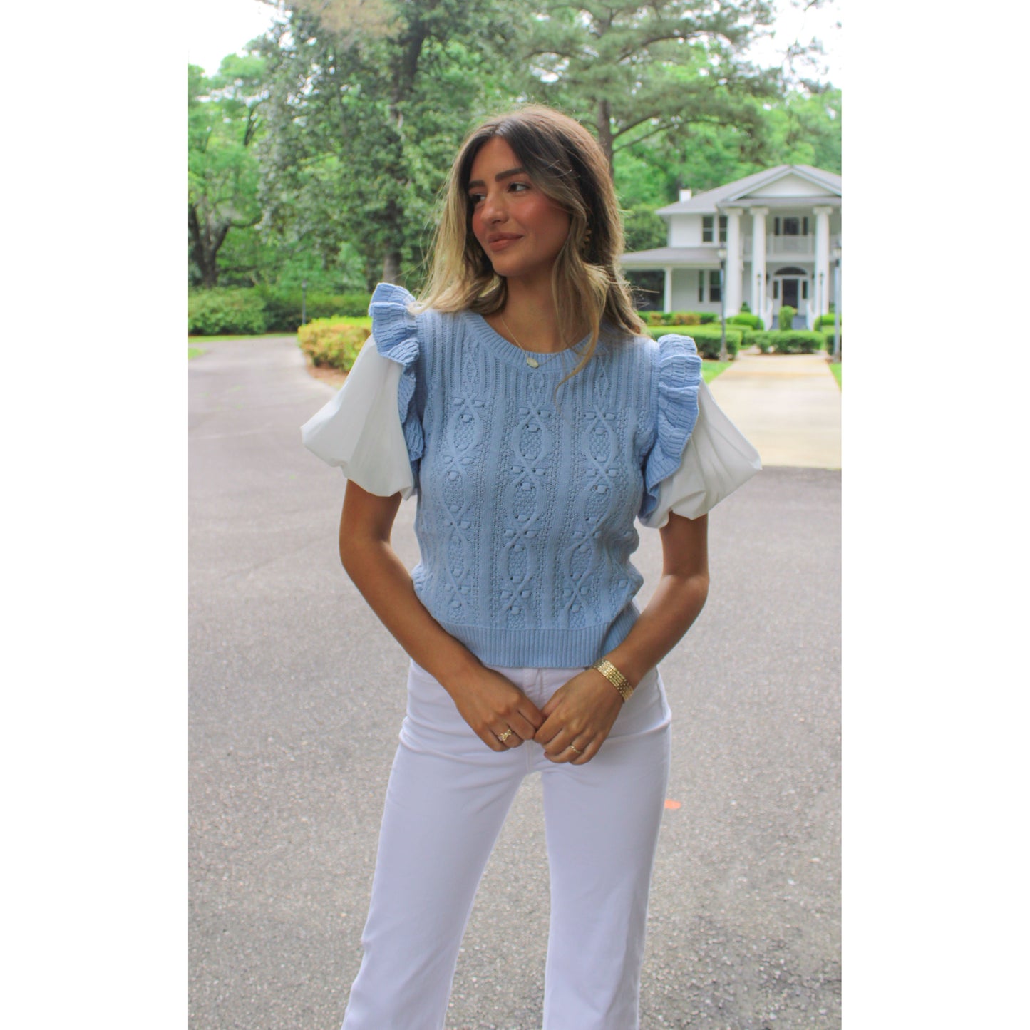 Abigail Puff Sleeve Top, White/Baby Blue