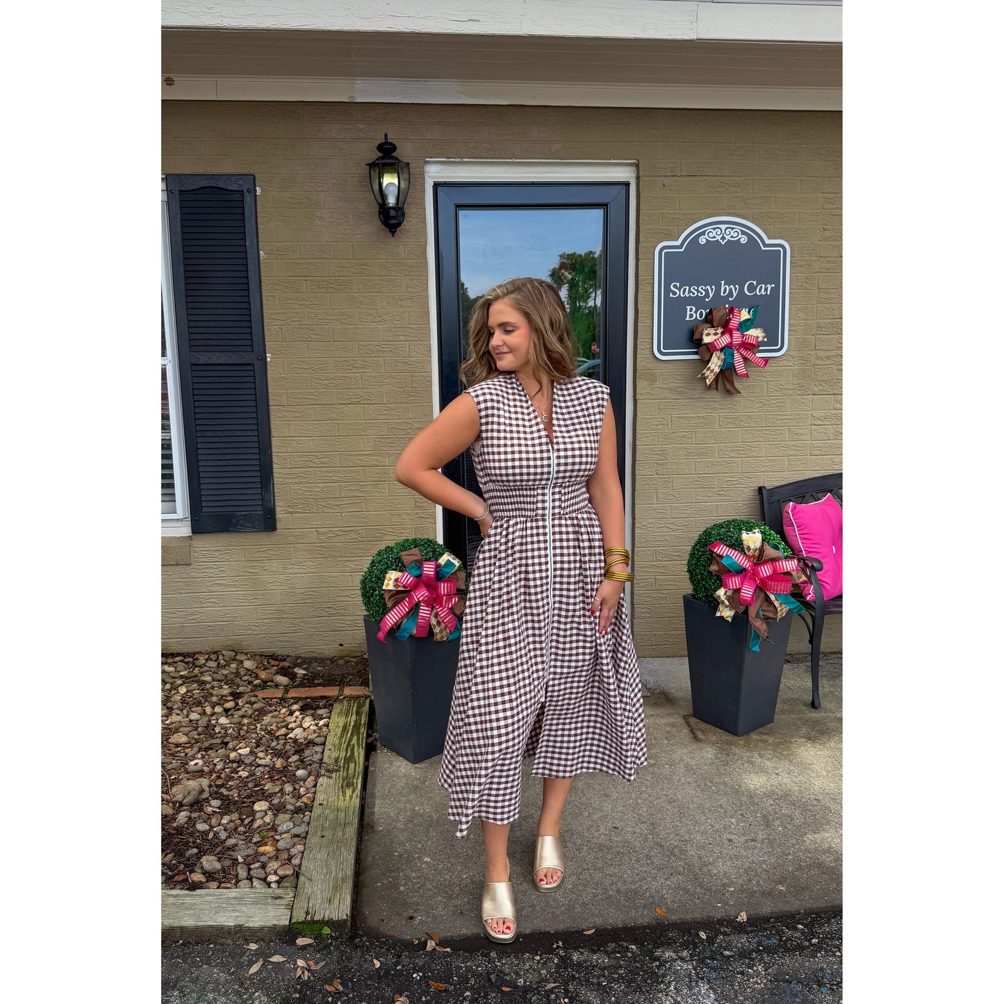 Gingham Detail Midi Dress, Chocolate/White
