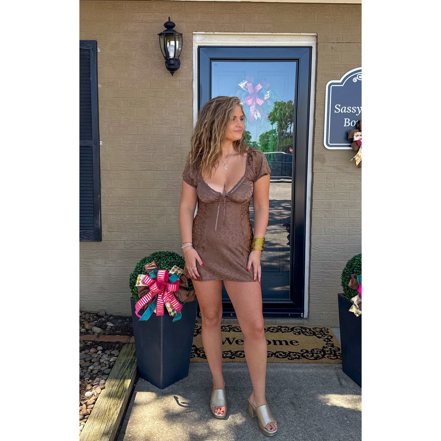 Anna Satin Cheetah Mini Dress, Mocha