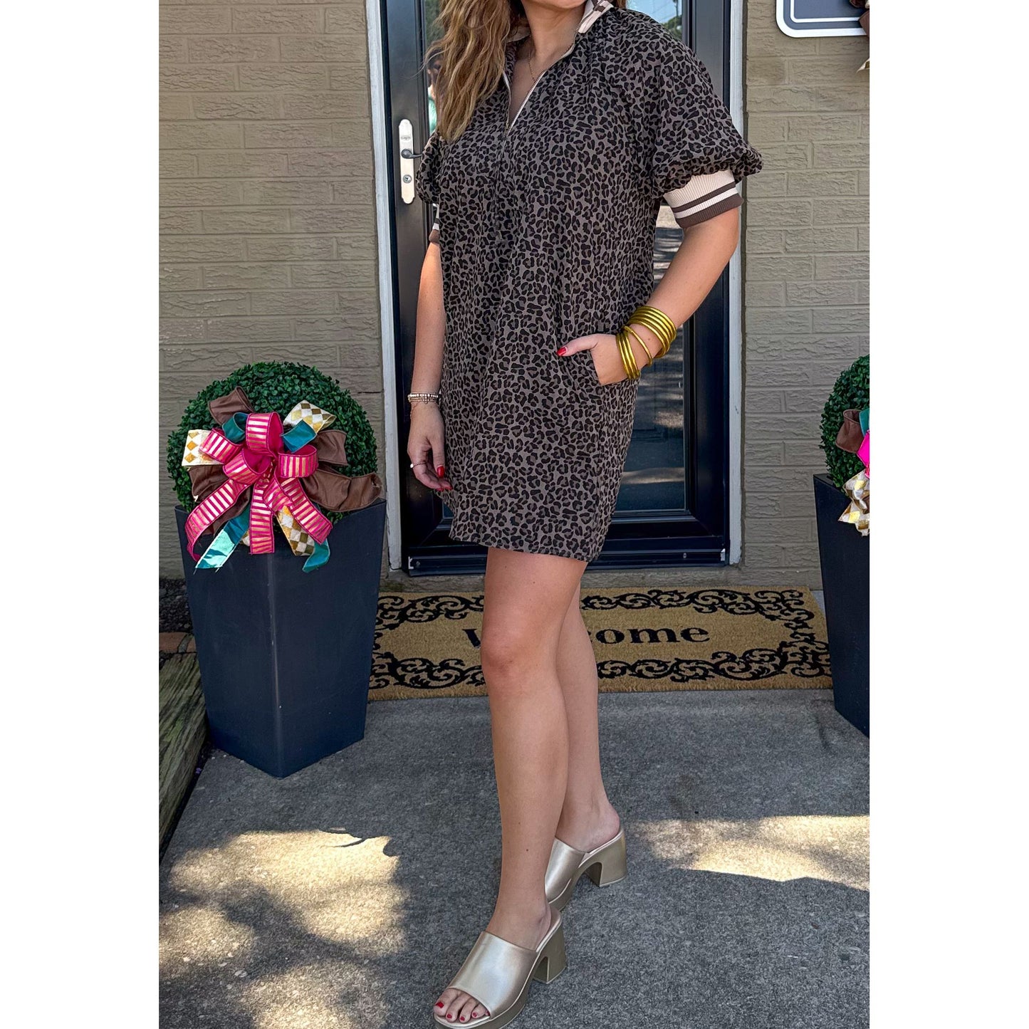 Leopard Mini Dress, Espresso/Black