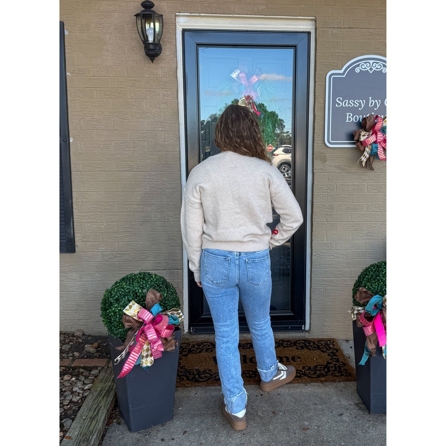 Multi-Color Bow Sweater, Taupe Multi