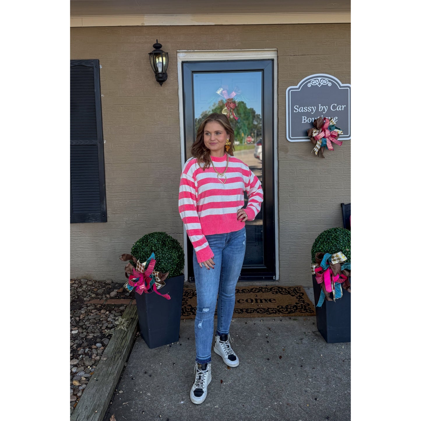 Demi Stripe Sweater, Pink/Off White