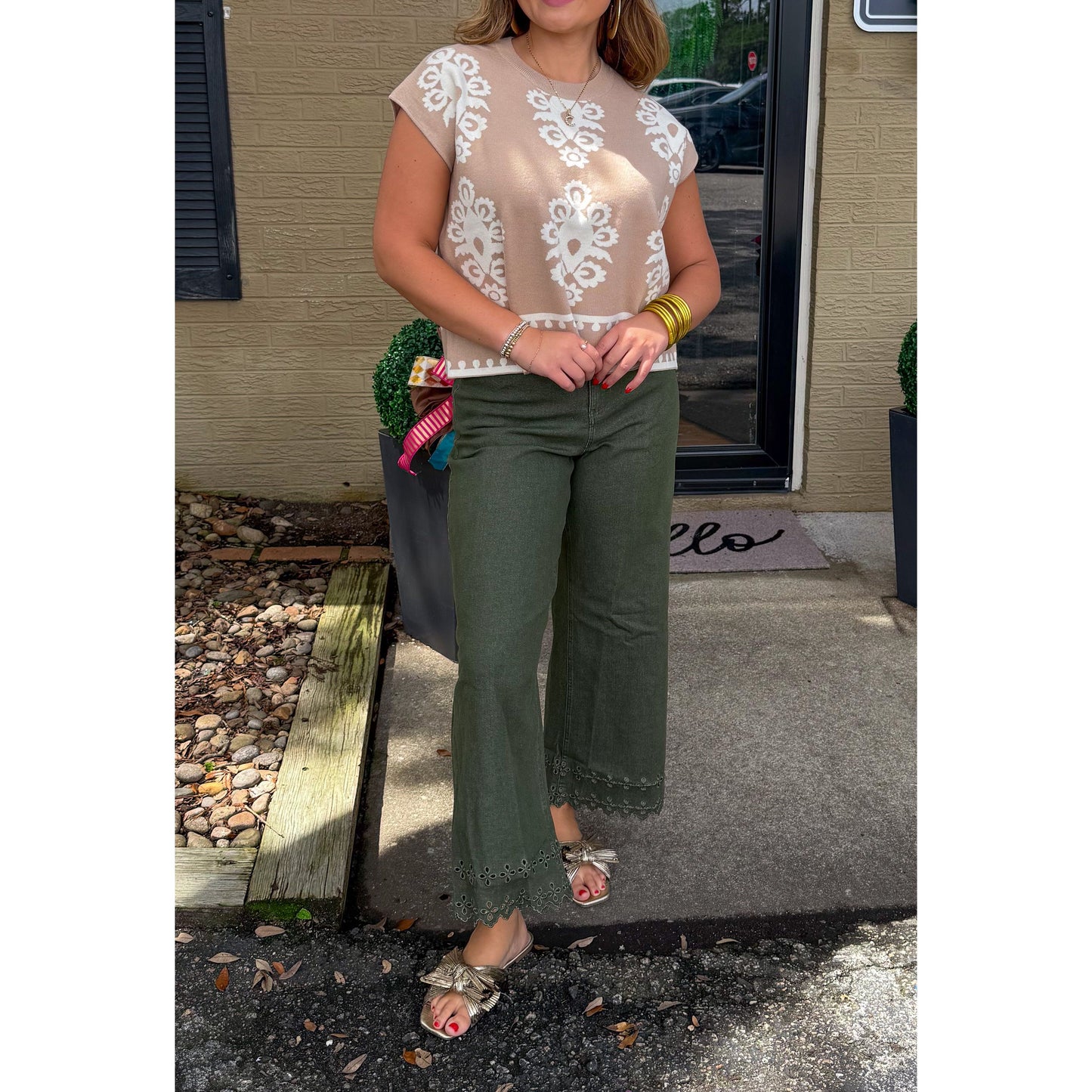 Darby Pattern Knit Top, Ivory/Taupe