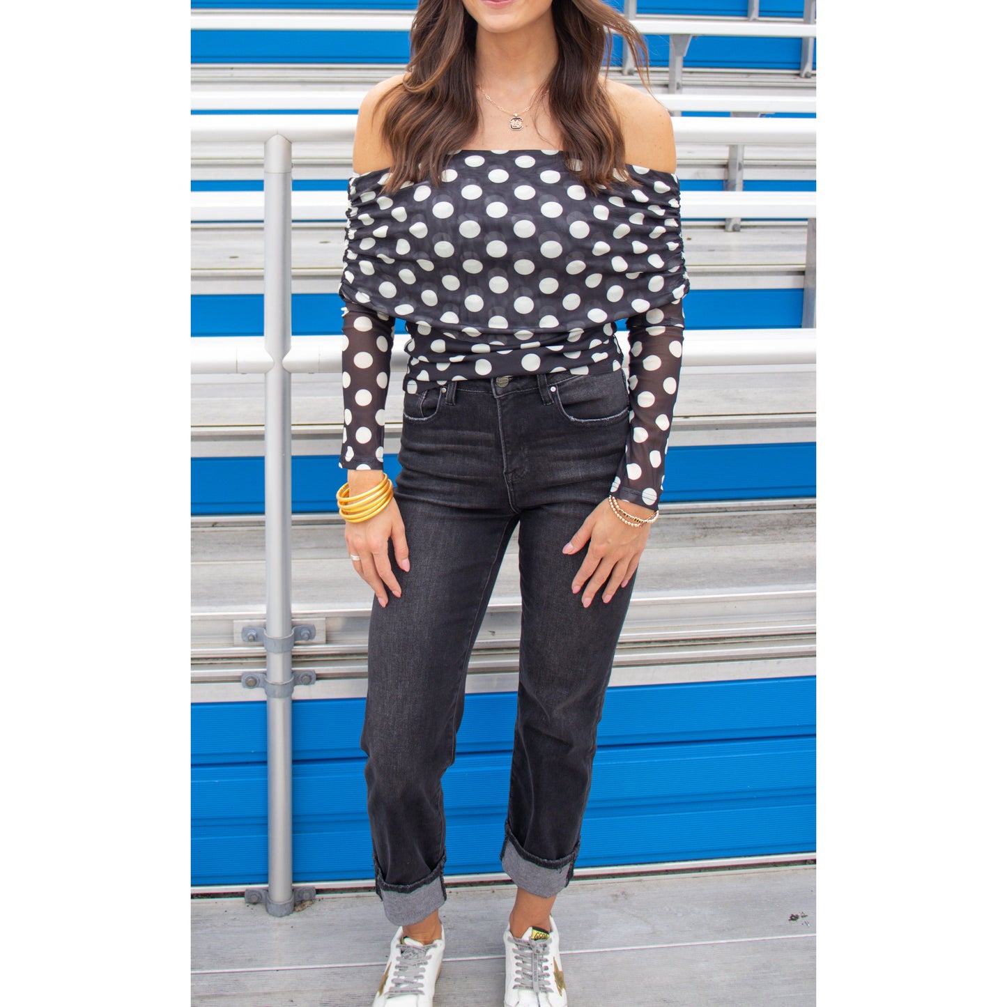 Polka Dot OTS Top, Black/Cream