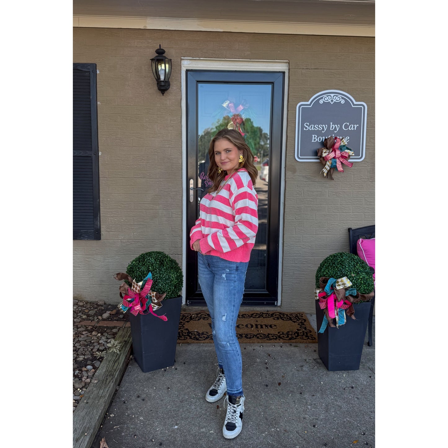 Demi Stripe Sweater, Pink/Off White