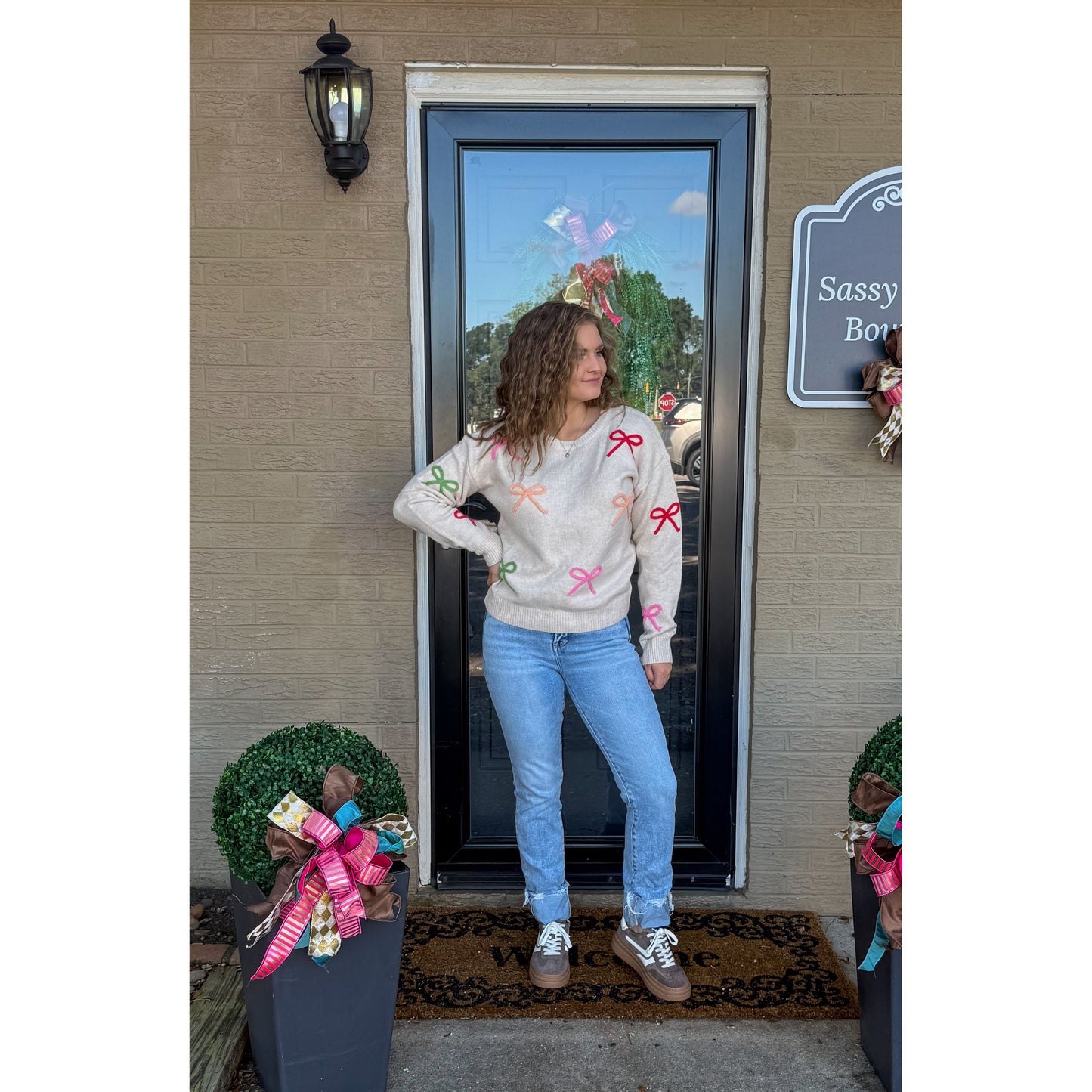Multi-Color Bow Sweater, Taupe Multi