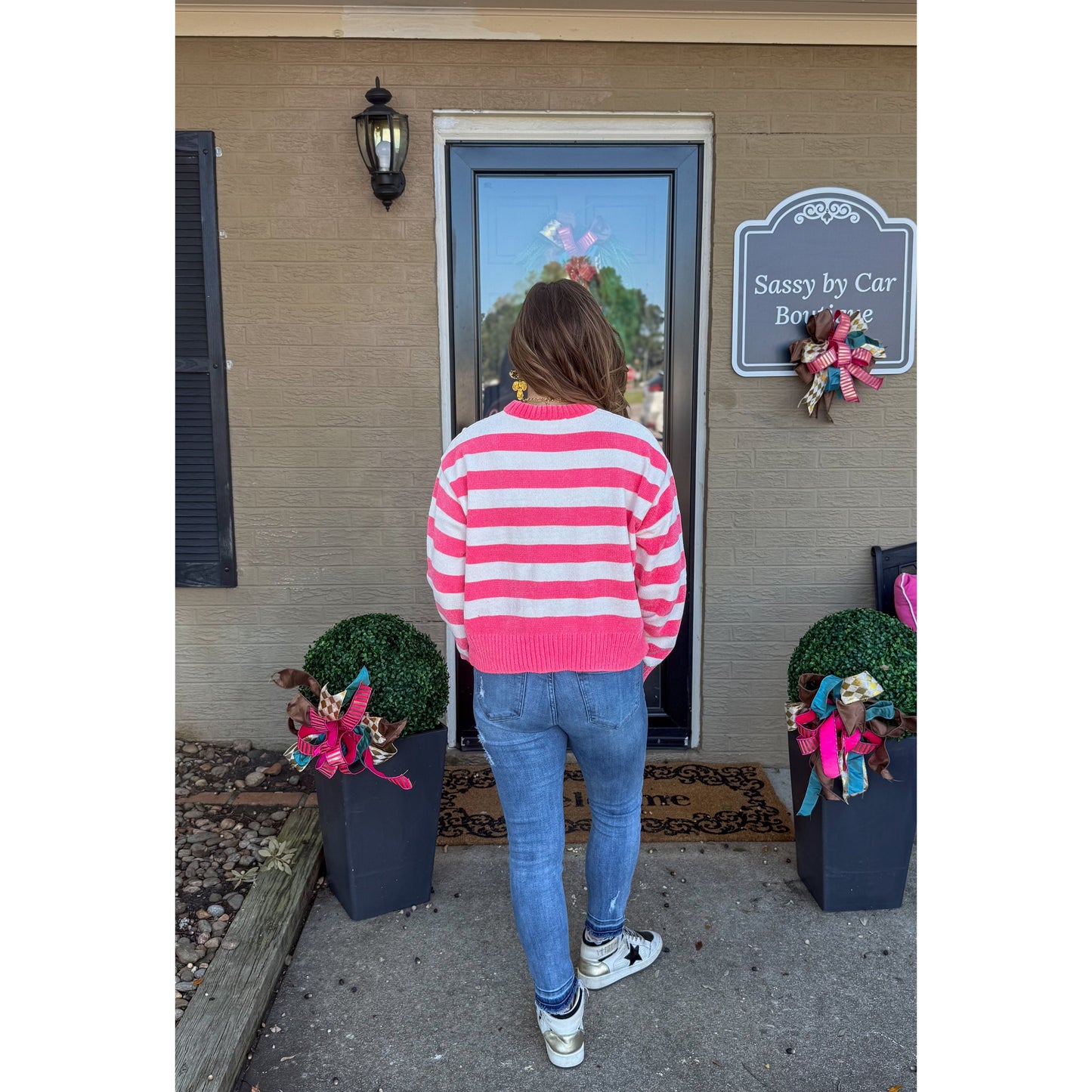 Demi Stripe Sweater, Pink/Off White