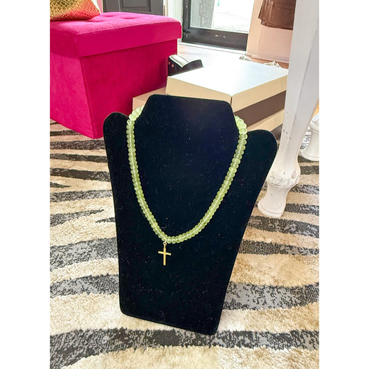Green Beaded Necklace w/ Cross