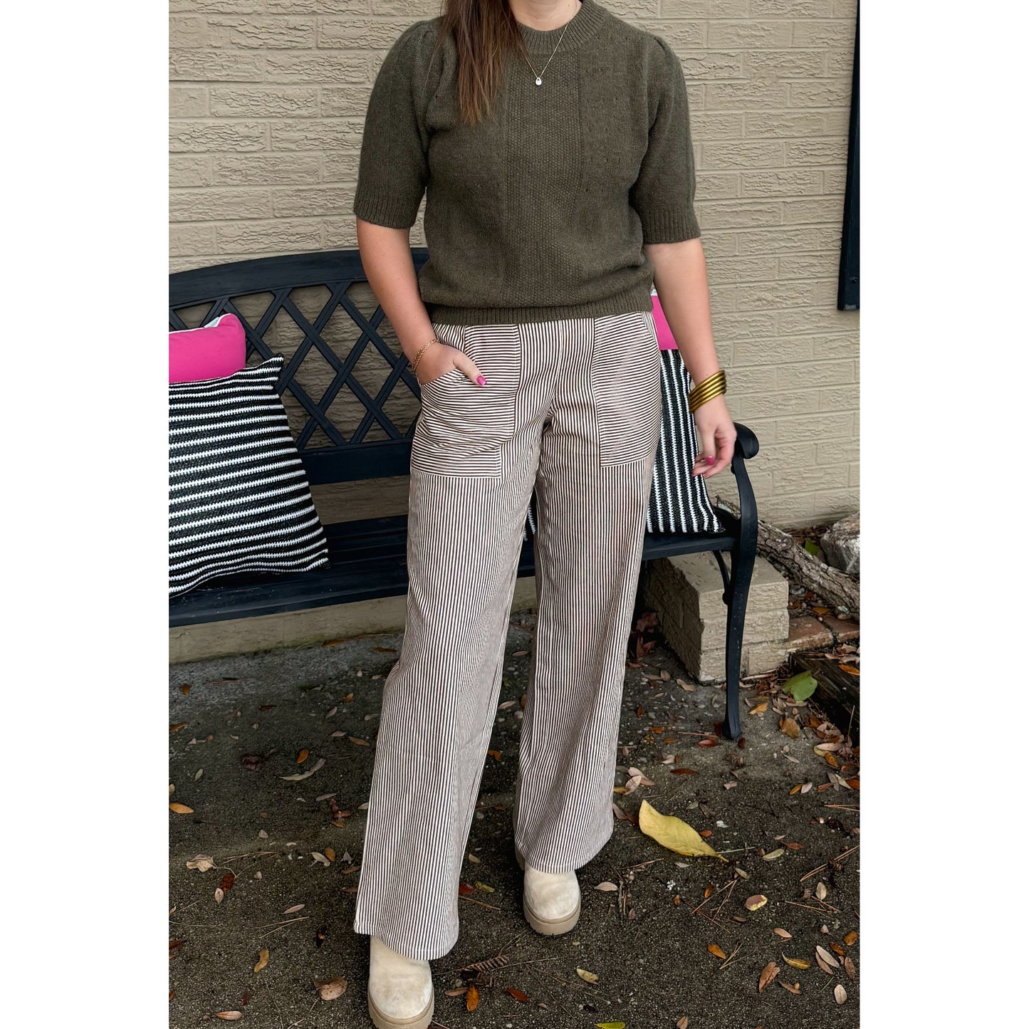 Ariana Stripe Pants, Cream/Taupe