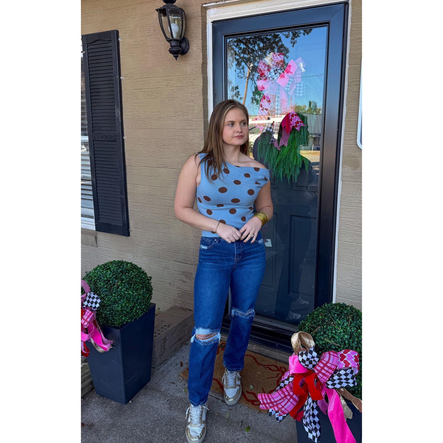 Polka Dot Asymmetrical Detail Top, Blue/Brown