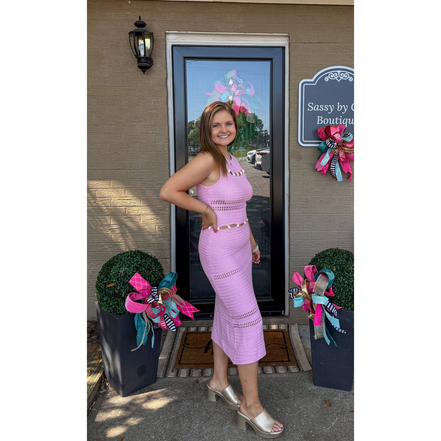 Seashell Detail Knit Dress, Baby Pink