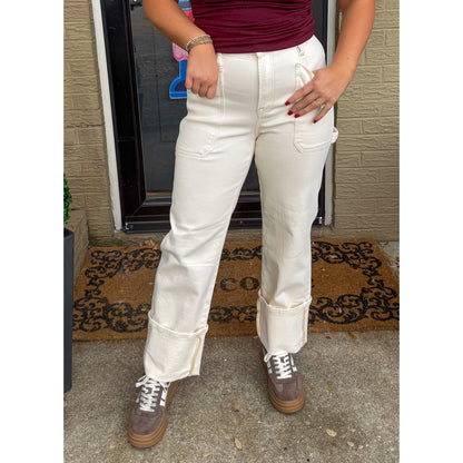 Cuffed Ivory Wide Leg Jeans