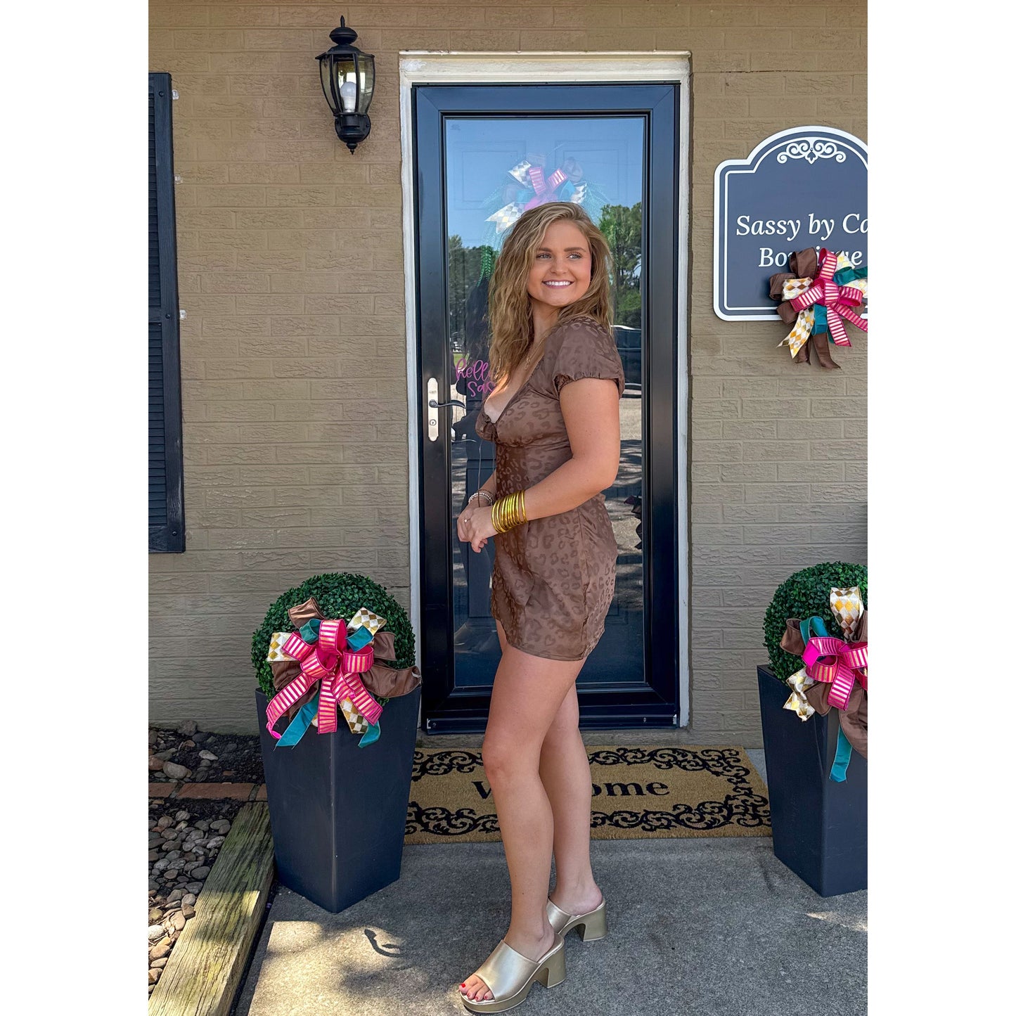 Anna Satin Cheetah Mini Dress, Mocha