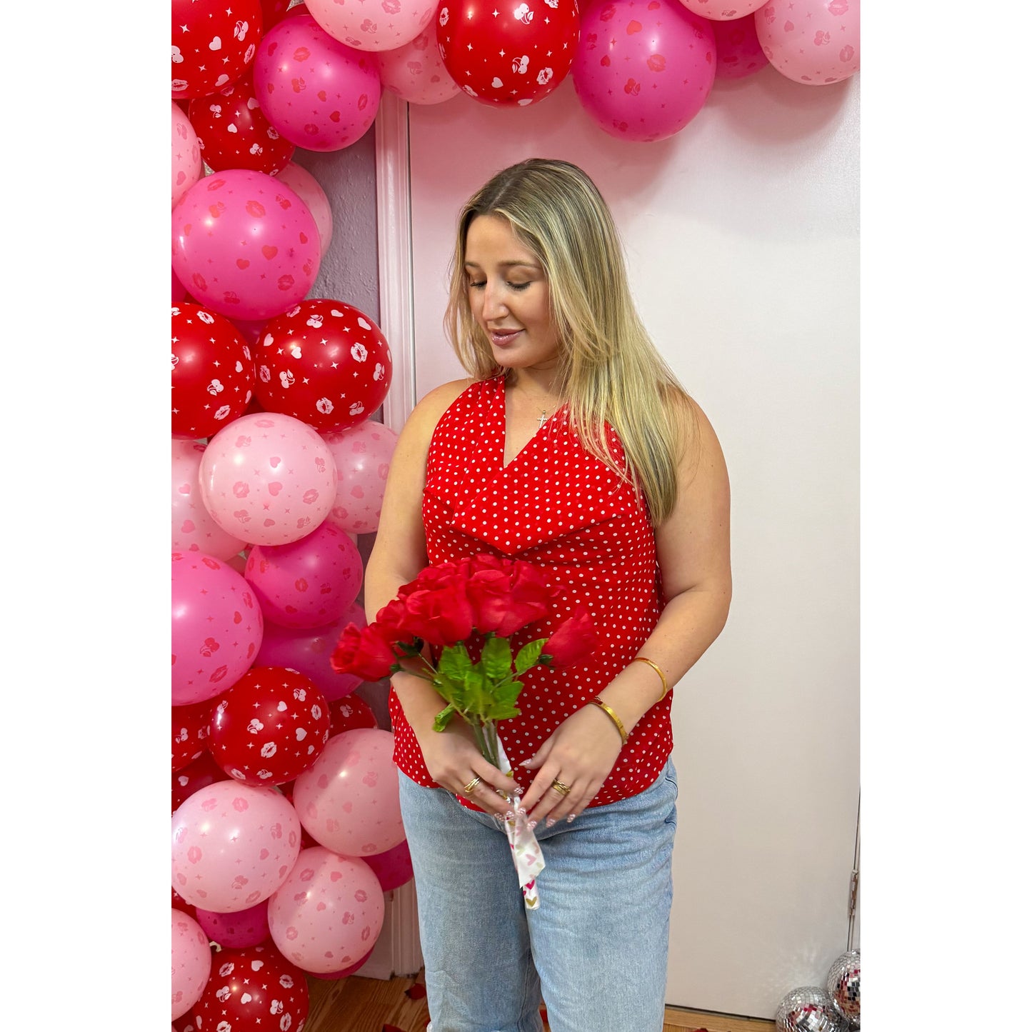Polka Dot Detail Top, Cherry Red/White