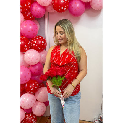 Polka Dot Detail Top, Cherry Red/White