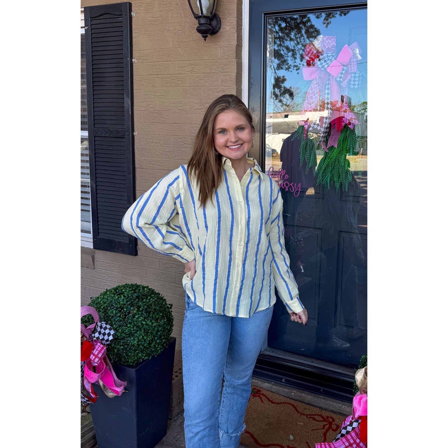 Anne Stripe Button Down Top, Butter Yellow/Blue