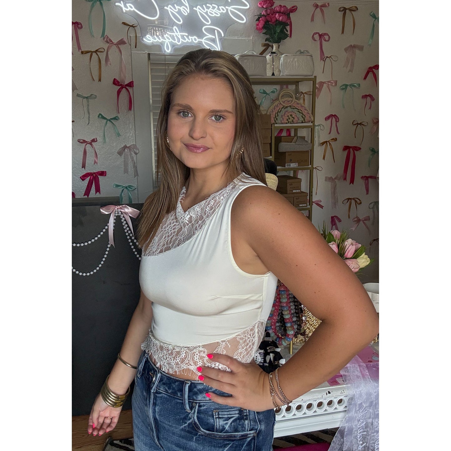 Lace Detail Top, Cream