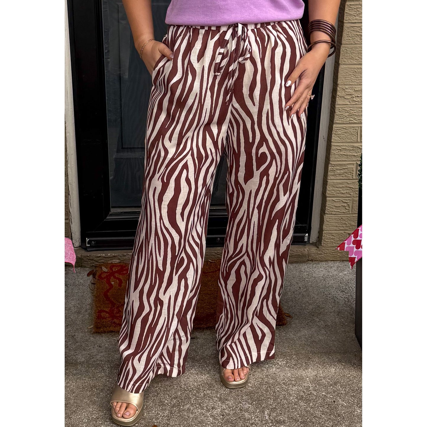 Zebra Print Pants, Brown/Cream