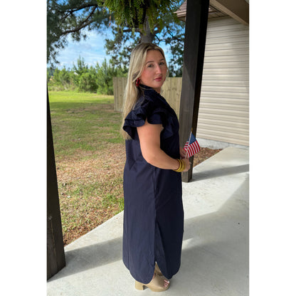 Navy Ruffle Collar Maxi Dress