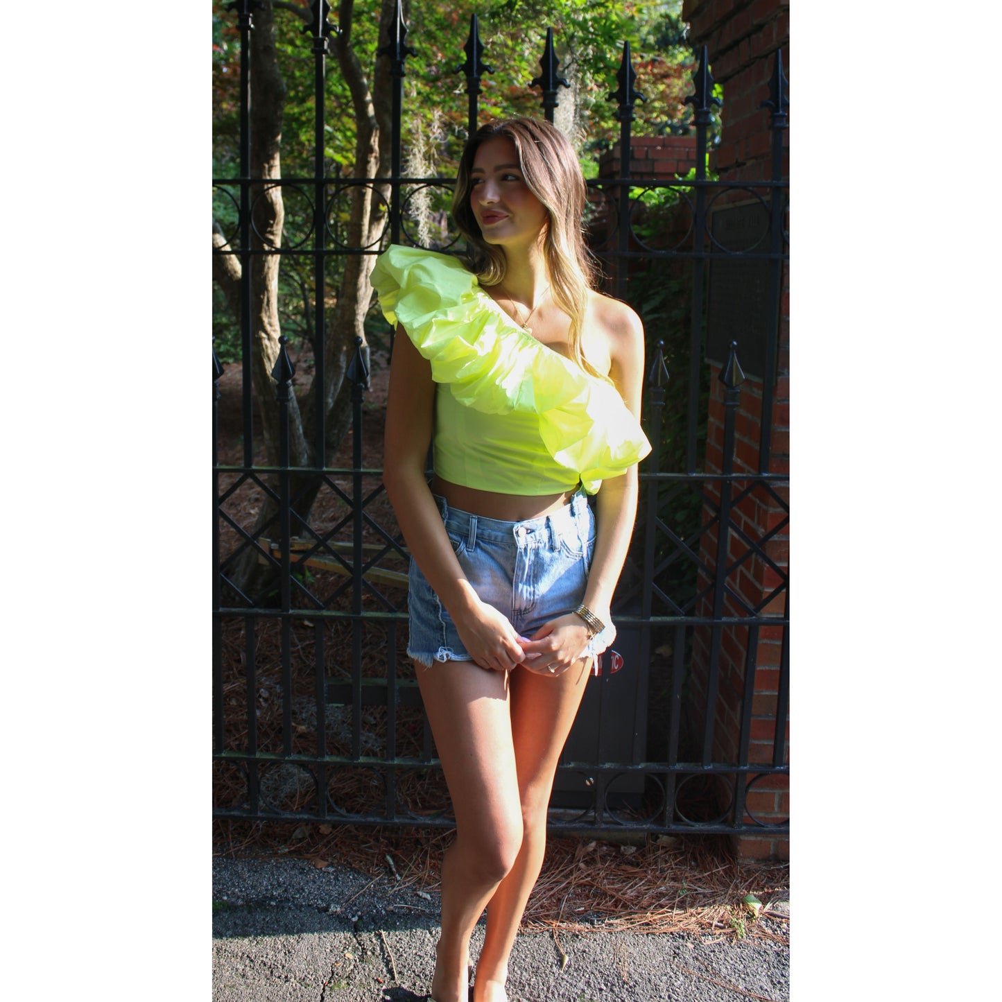 Penny Ruffle Crop Top, Neon Yellow