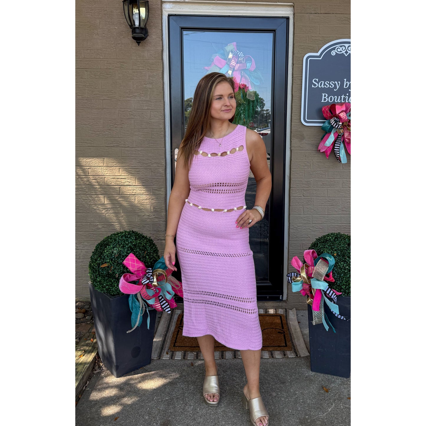 Seashell Detail Knit Dress, Baby Pink