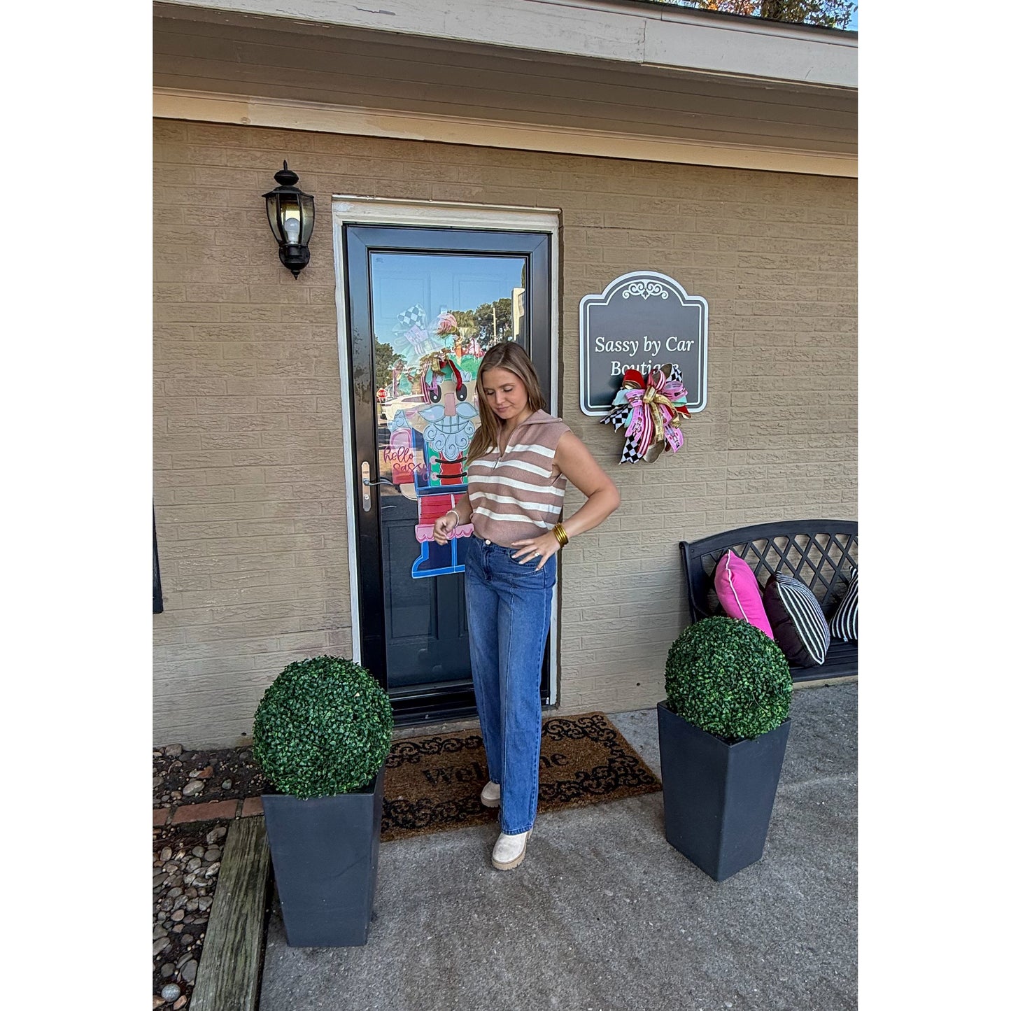 Rivers Stripe Top, Taupe/Cream